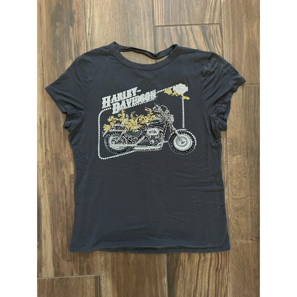 Harley-Davidson Womens Embellished Rhinestone Cutout Back Tee Gray XL HT4199CGY